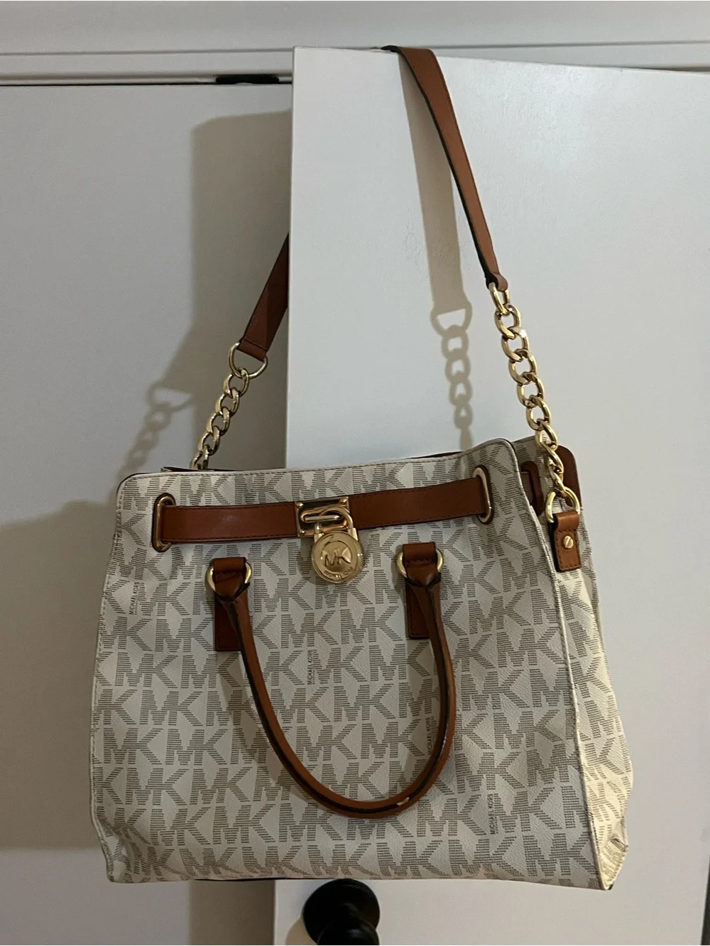 Michael Kors Cream MK Signature Satchel with Brown Trim and Gold Hardware